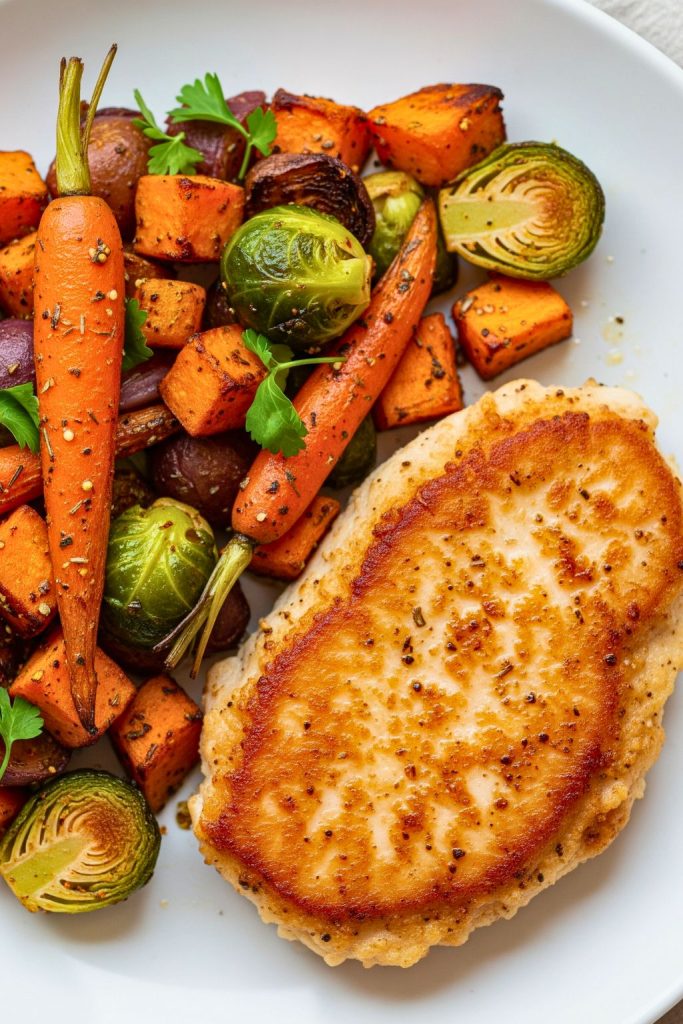 Pan-fried crispy chicken cutlet in skillet