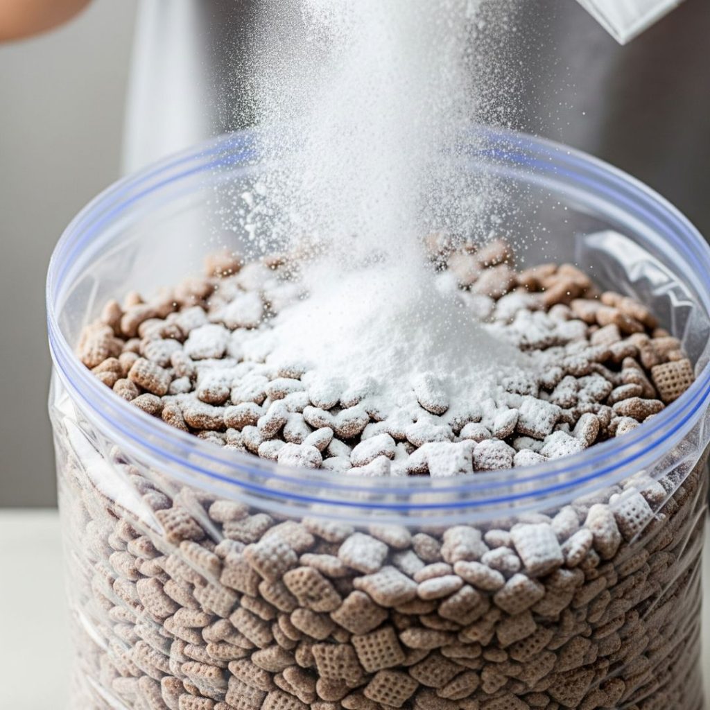 Best Ever Puppy Chow Recipe (Muddy Buddies) | Easy No-Bake Sweet Snack Mix 12 Shaking puppy chow with powdered sugar in zip bag