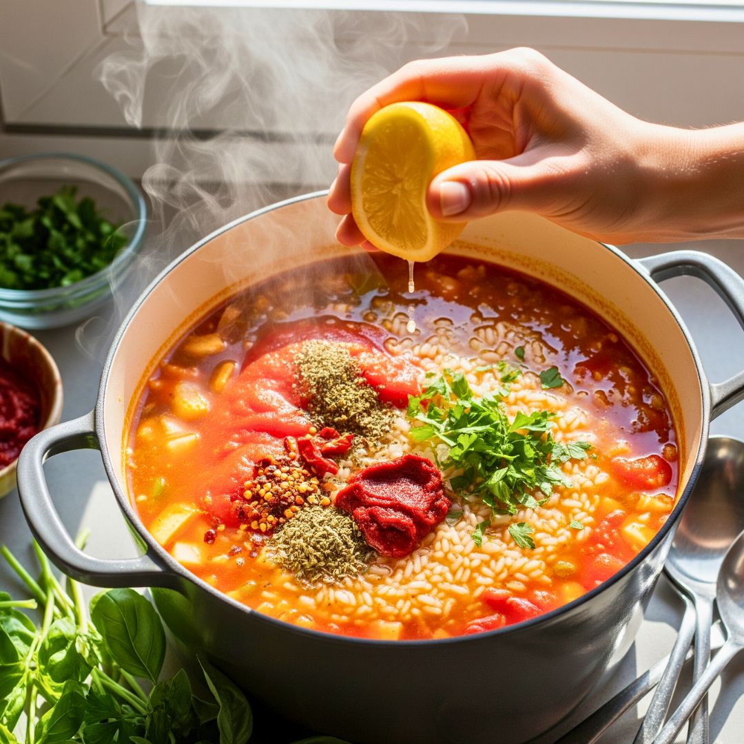 Lemon juice in tomato rice soup