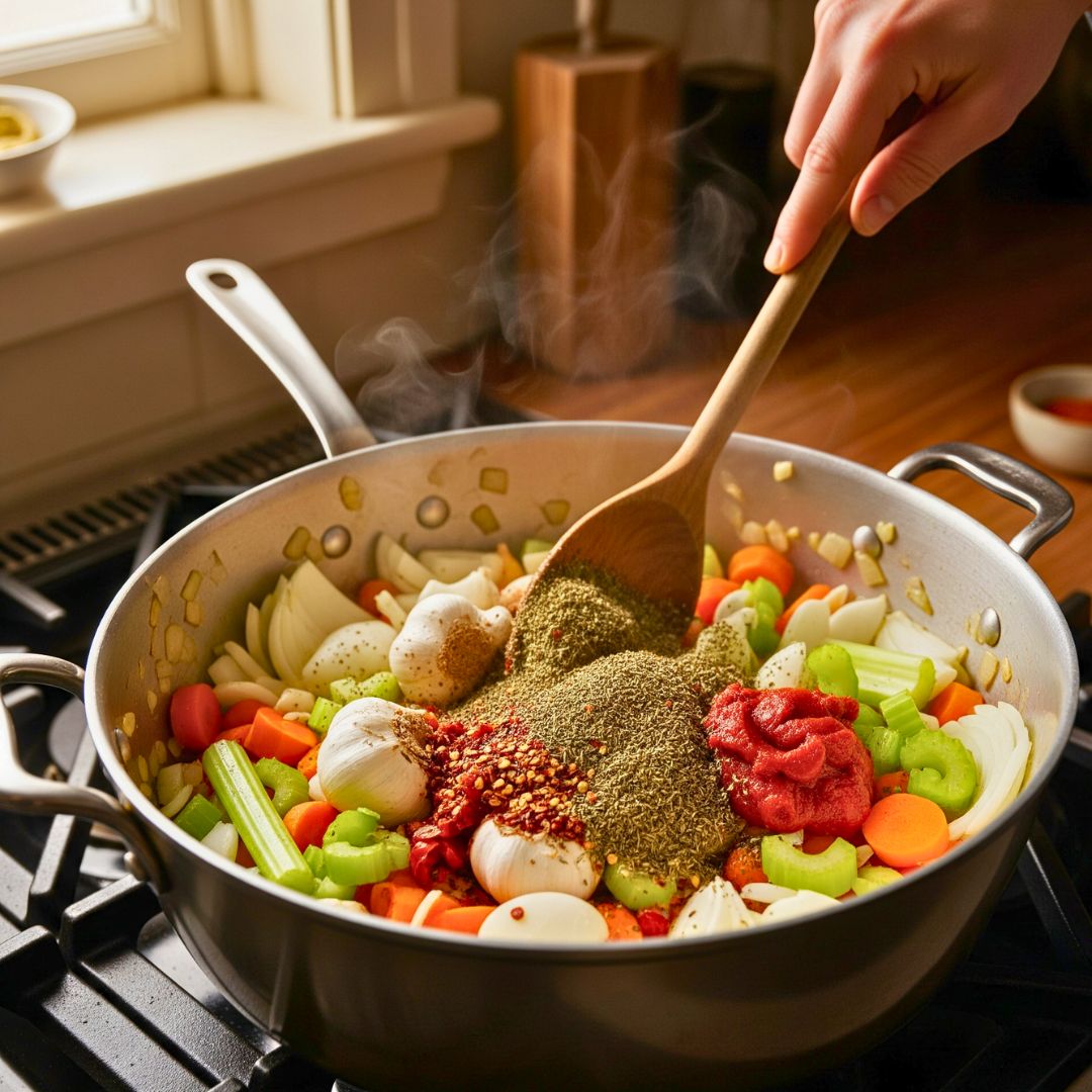 Adding seasonings and tomato paste