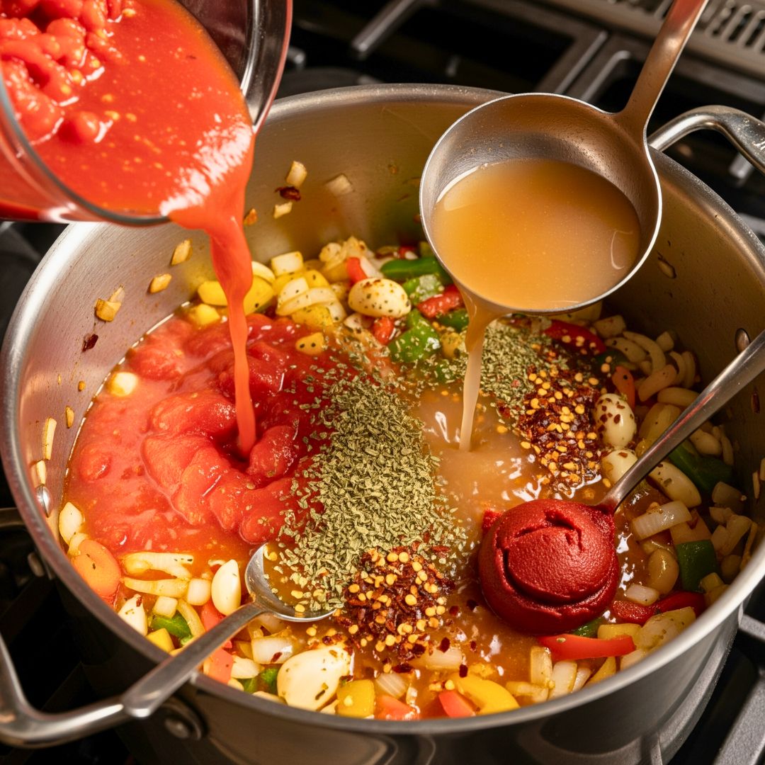 Adding tomatoes and broth to soup