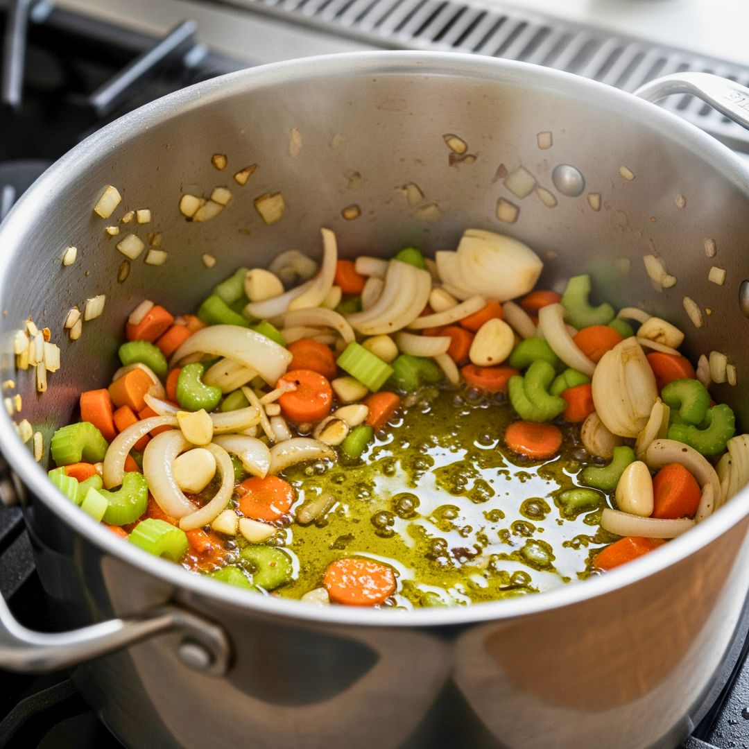 Sautéing vegetables for tomato rice soup