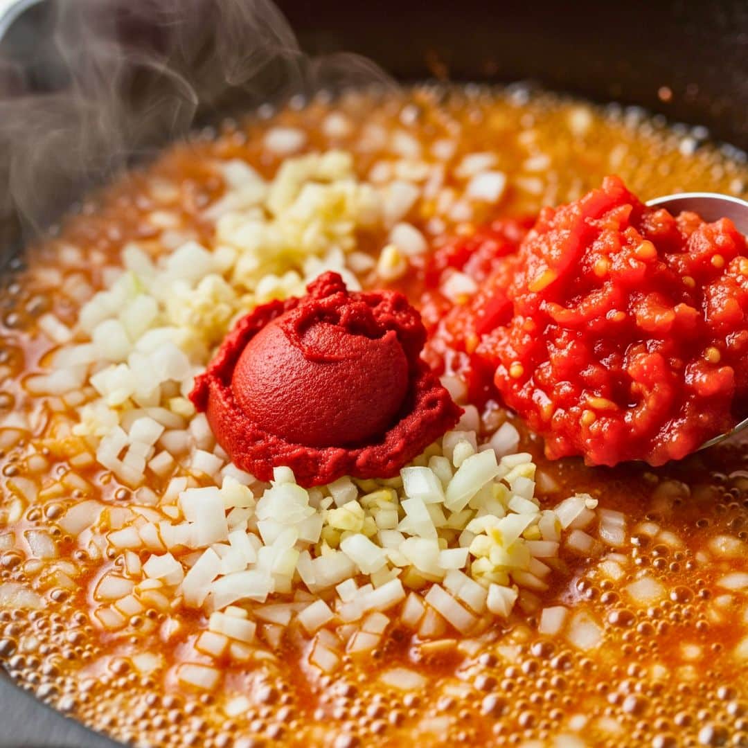 Step 3: Stir in tomato paste and crushed tomatoes