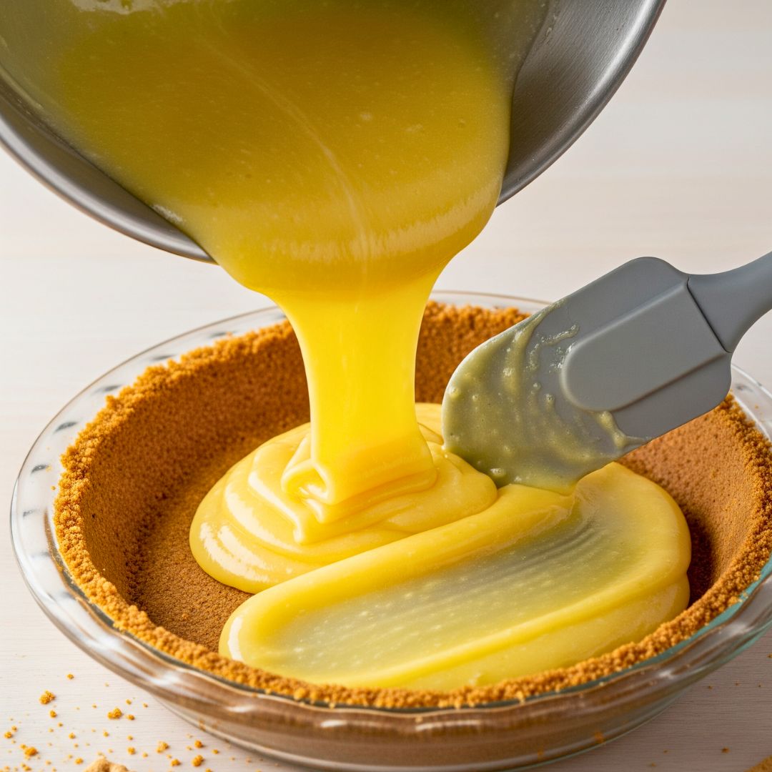 Lemon filling in pie crust ready to chill