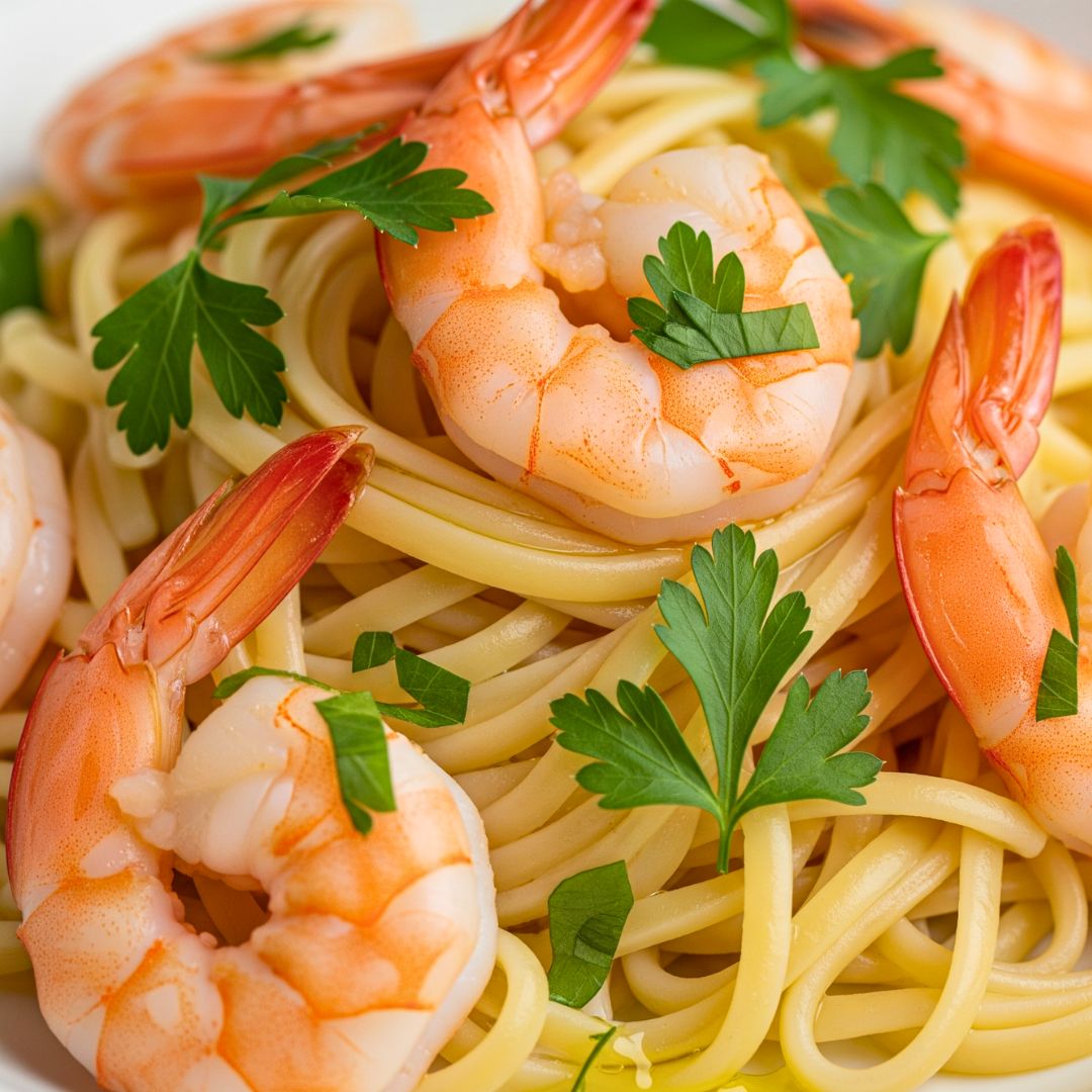 Shrimp Fra Diavolo served over linguine with parsley