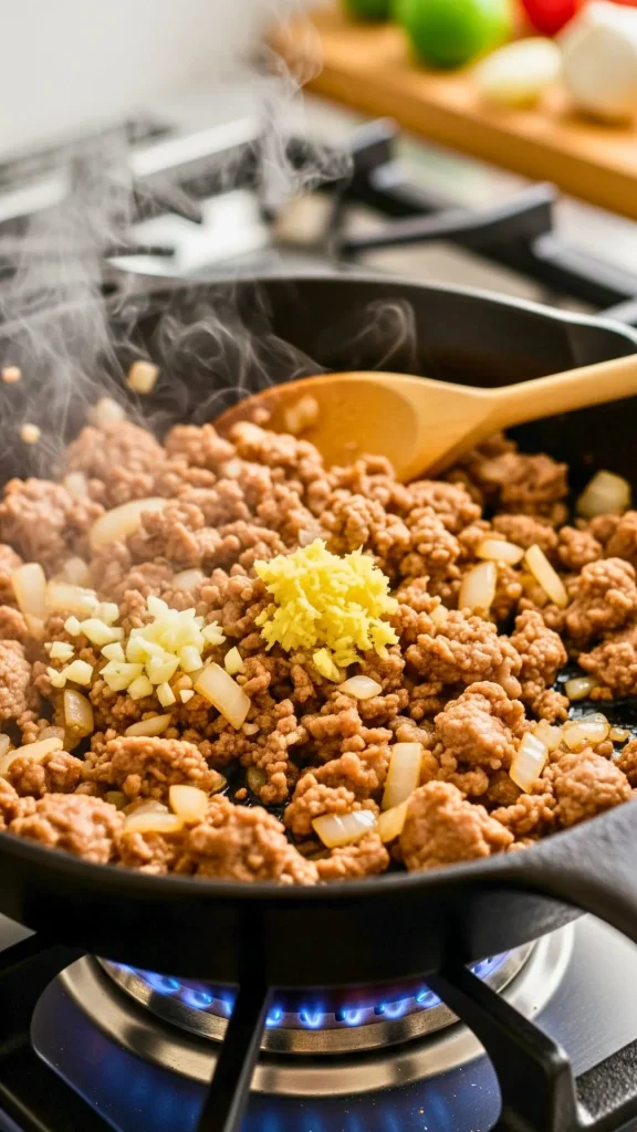 Adding garlic, onion and ginger