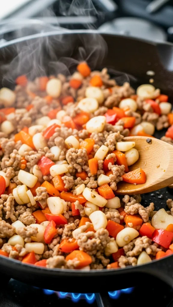 Adding water chestnuts, carrots and bell pepper