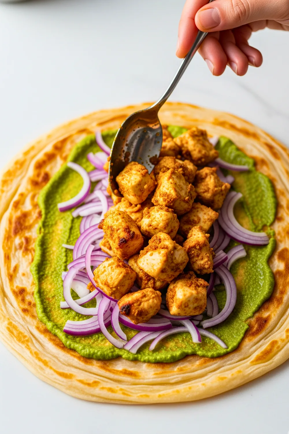 Assembling the Kolkata chicken kathi roll