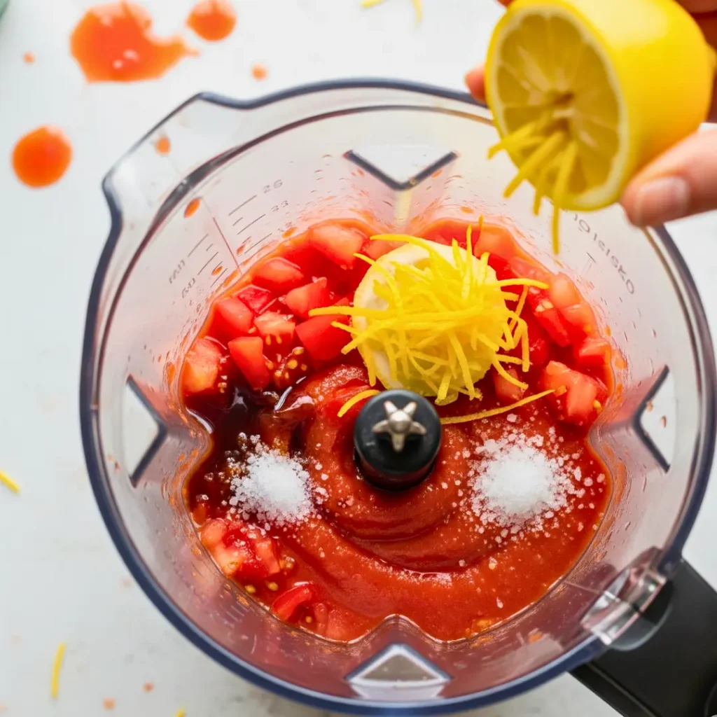 Blending tomatoes, lemon juice, and maple syrup