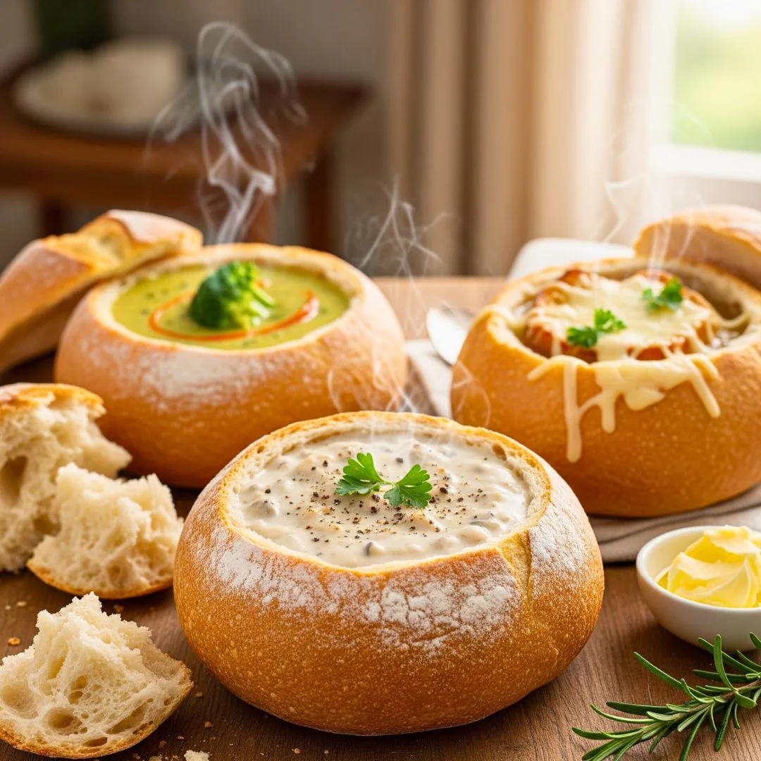 Bread bowls with creamy spinach artichoke dip