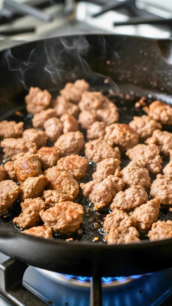 Browning ground pork in skillet