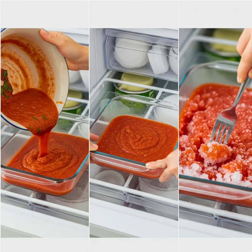 Freezing tomato sorbet in shallow tray