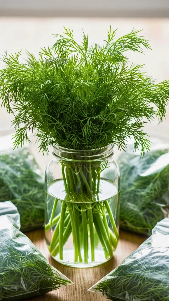 Fresh dill bunch in jar of water and sealed bags for storage