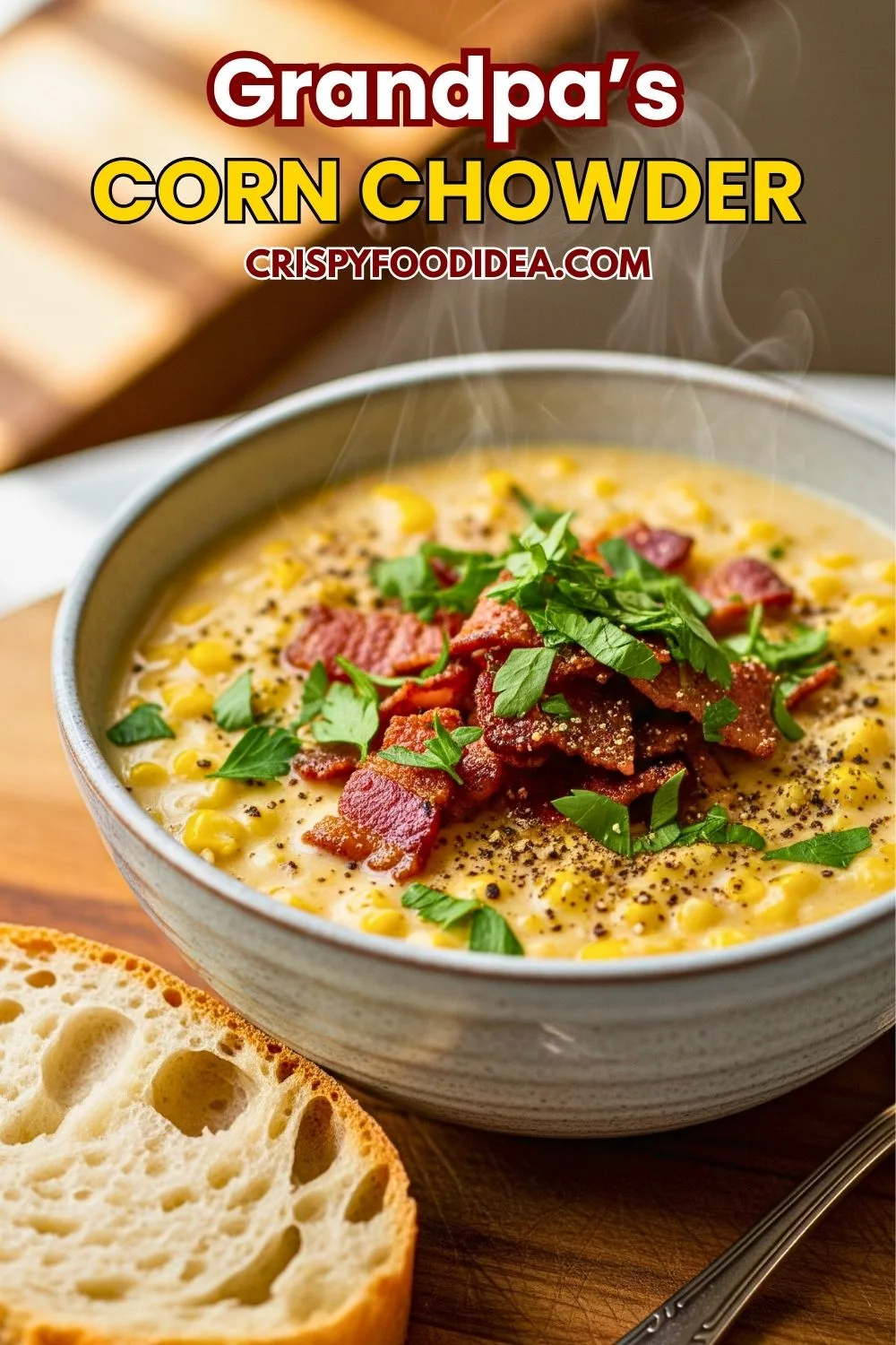 Creamy corn chowder in a pot with bacon and parsley