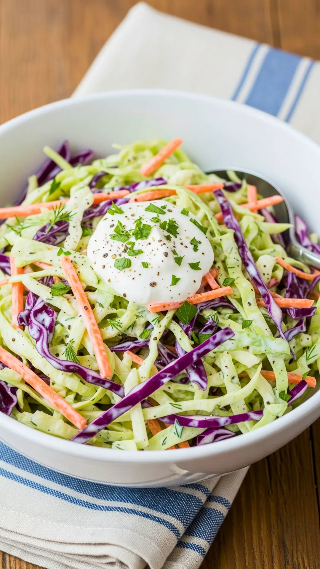 Healthy Greek Yogurt Coleslaw in a white bowl (low calorie, high protein)
