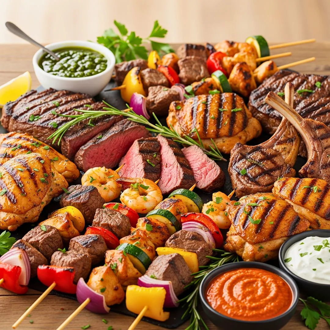 Grilled skewers with savory dip pairings