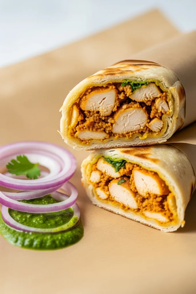 Kolkata style chicken kathi roll on a brown paper, with chutney and onions