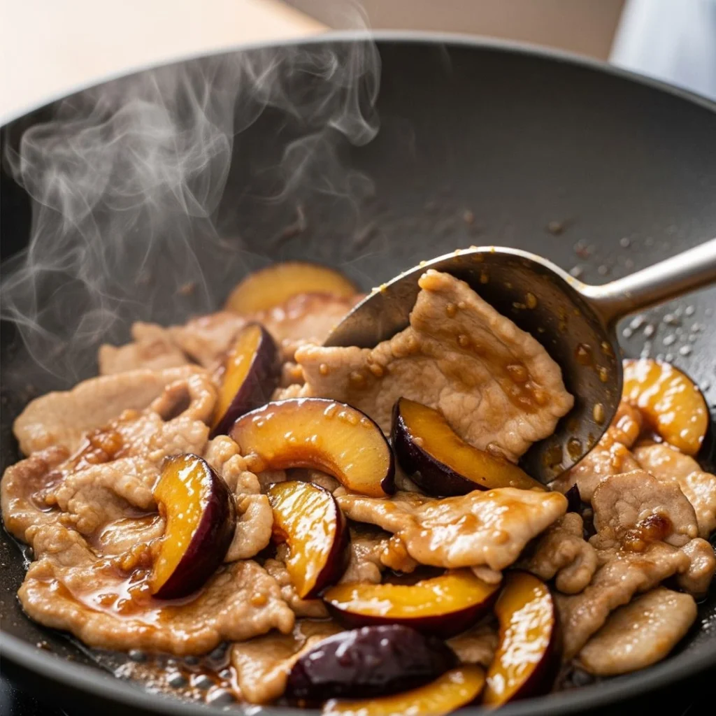 Pork and plums glazing in soy sauce and honey