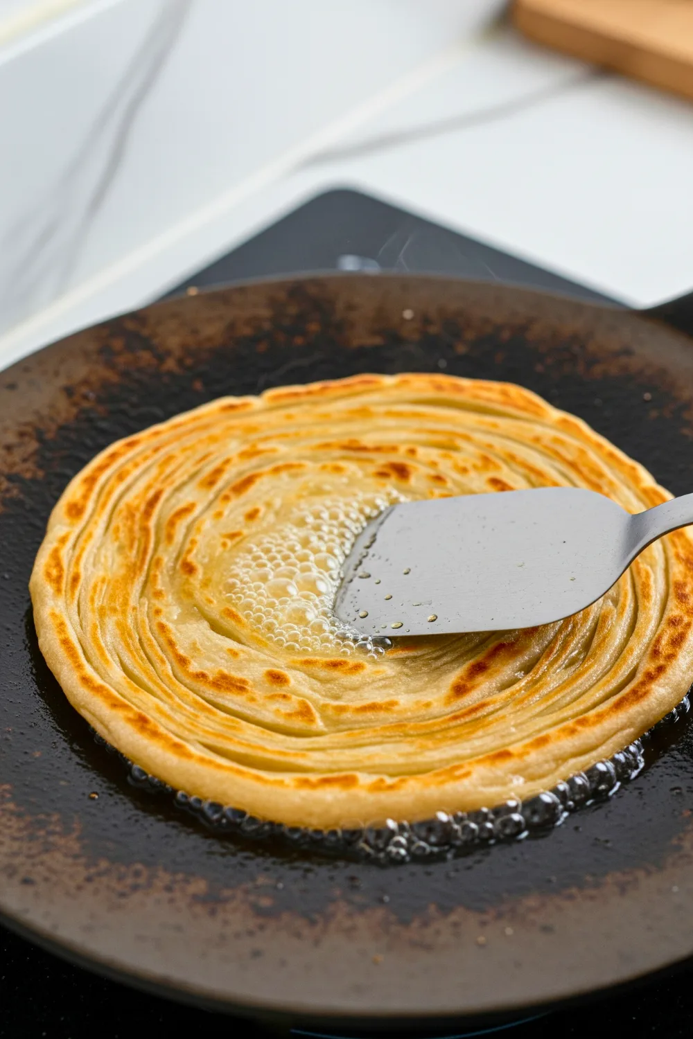 Rolling paratha on a tawa