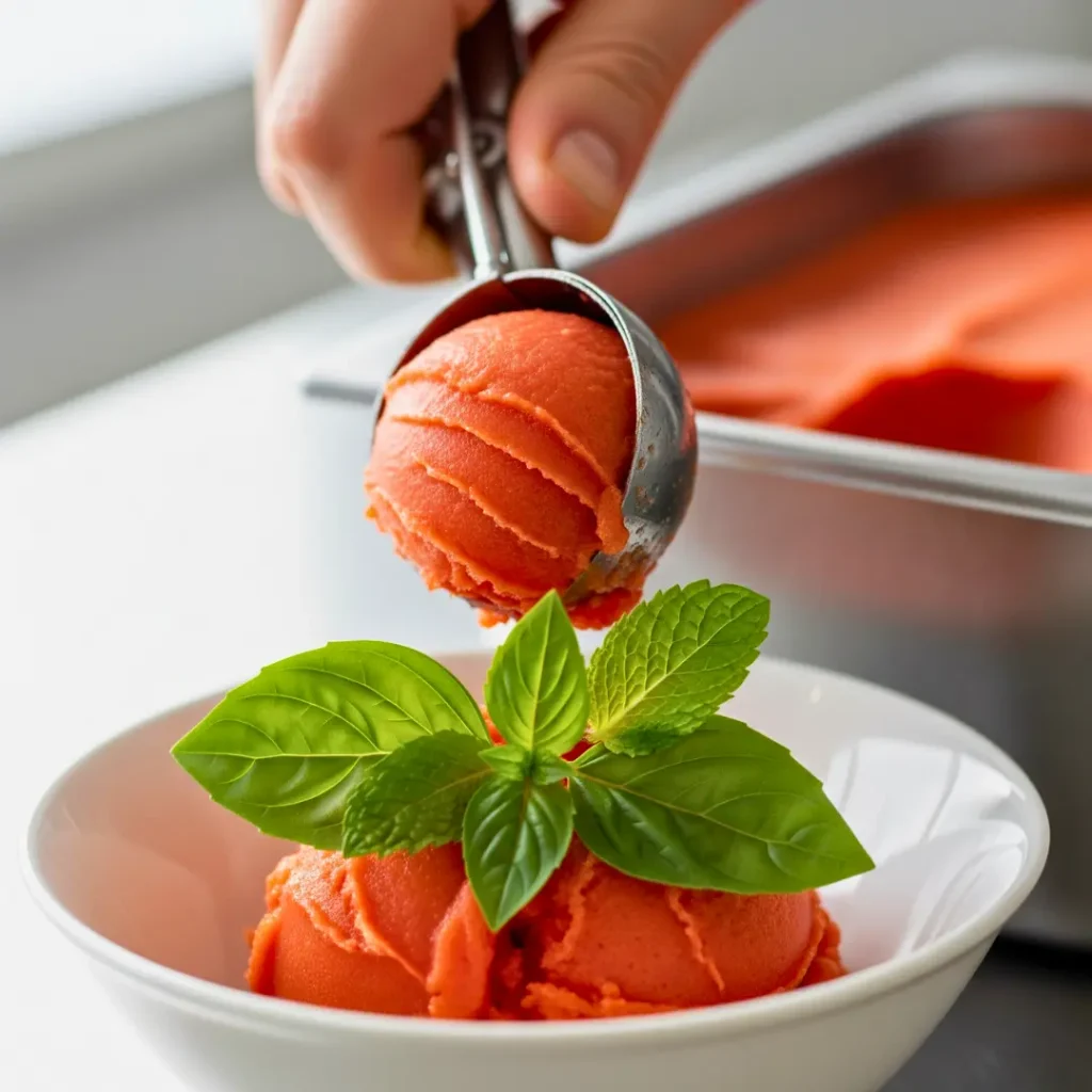 Scooping heirloom tomato sorbet into bowl