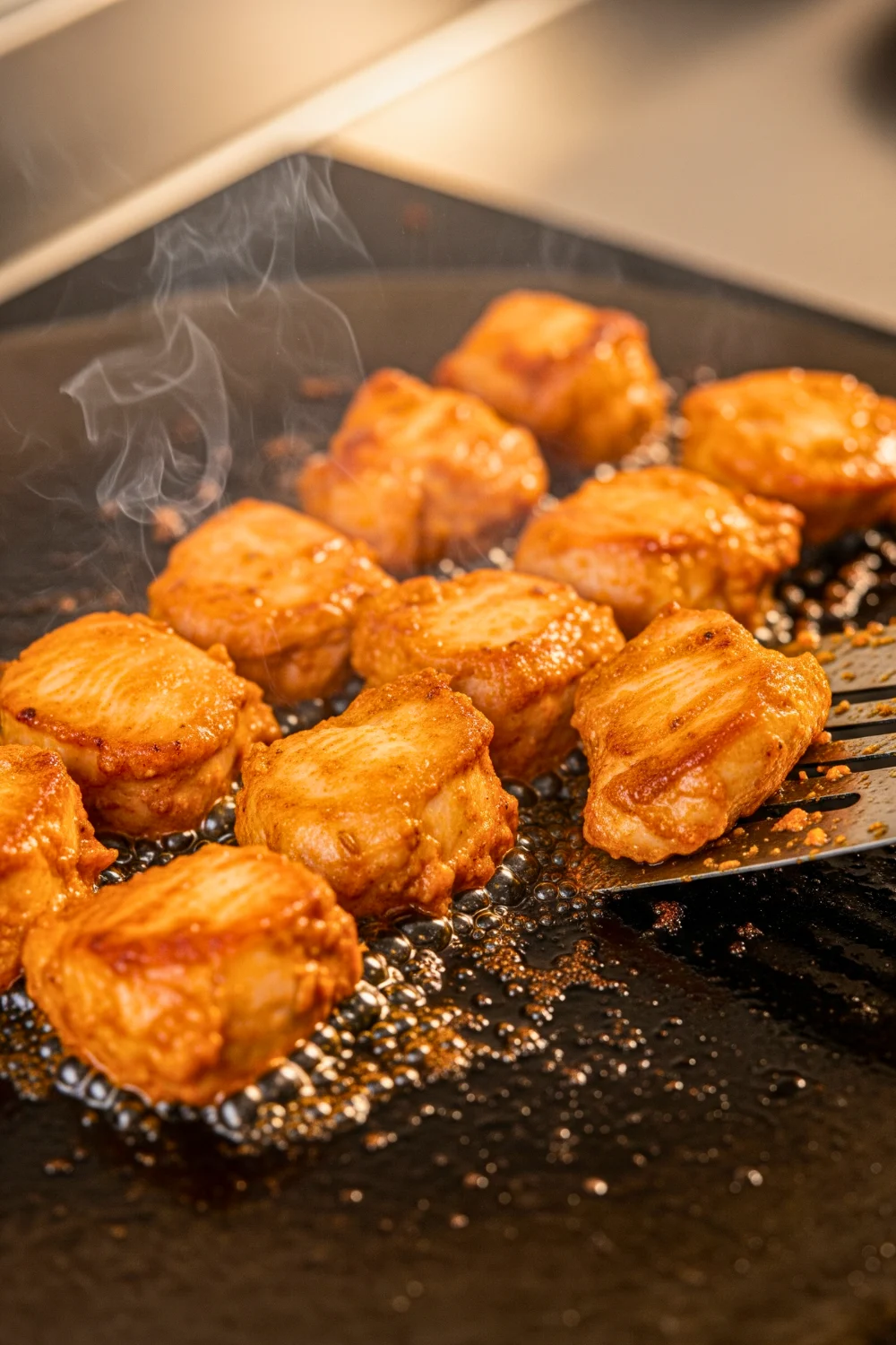 Searing chicken on a hot tawa