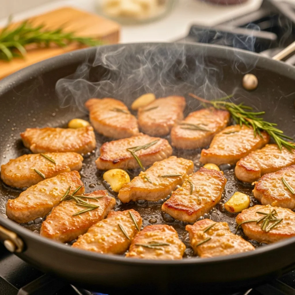 Searing pork in a wok until browned