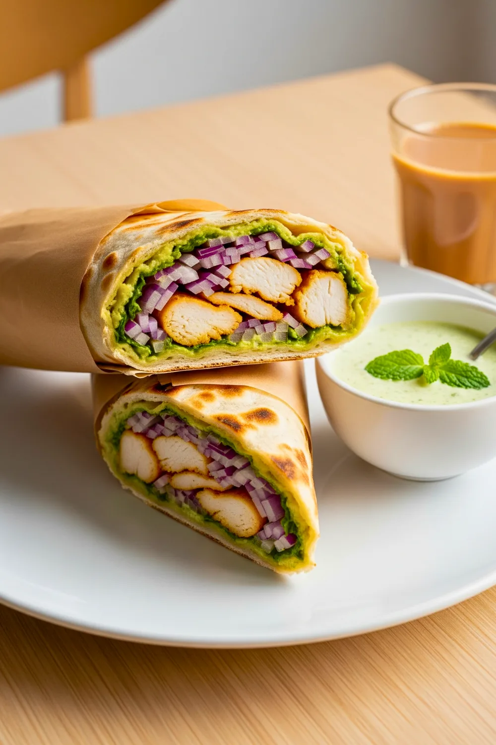 Serving chicken kathi roll with chutney