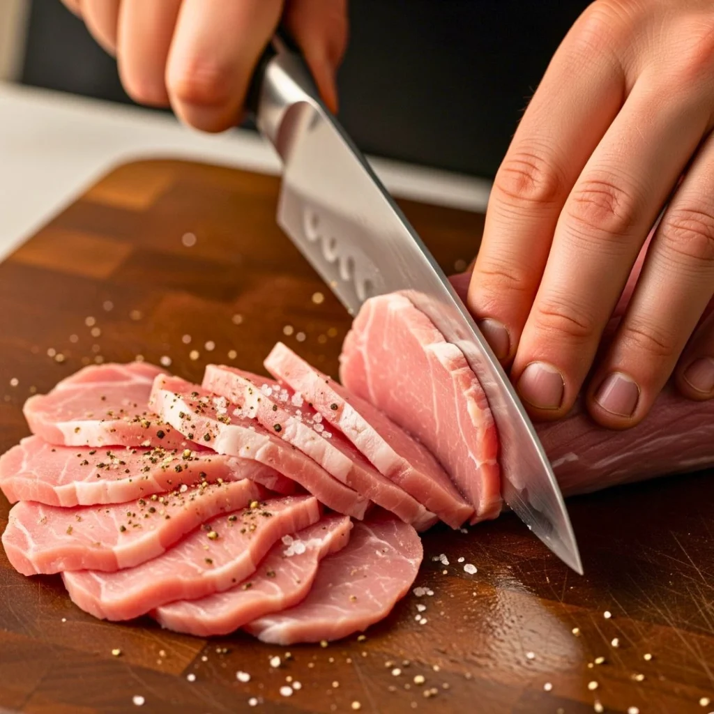 Slicing pork tenderloin thinly for stir-fry