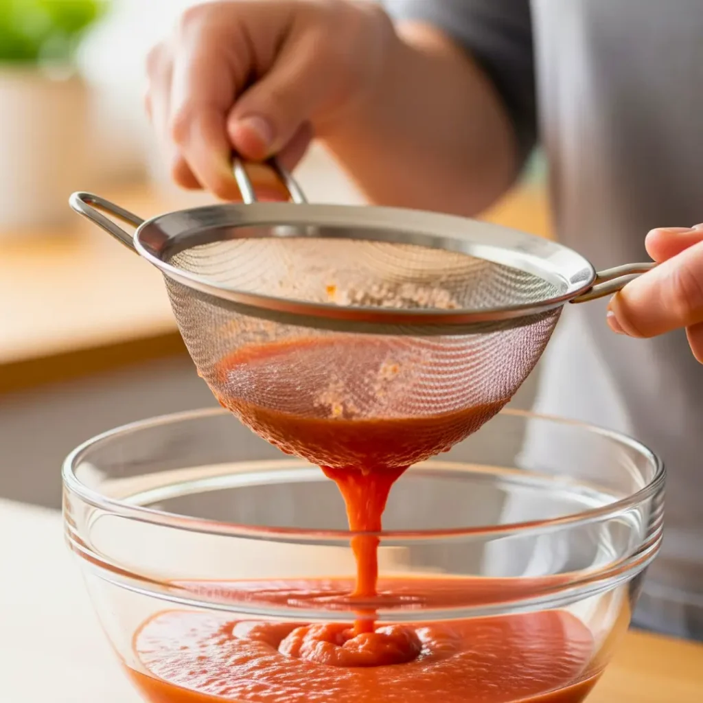 Straining the tomato sorbet mixture