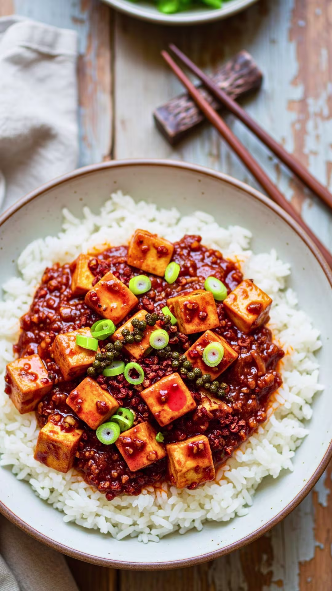 Vegetarian Mapo Tofu - vegan mapo tofu served over rice