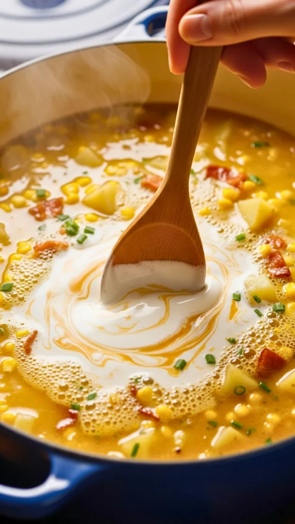 Stirring cream into corn chowder for a silky texture