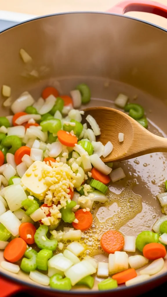 Sautéing onion, garlic, and celery in butter for chowder