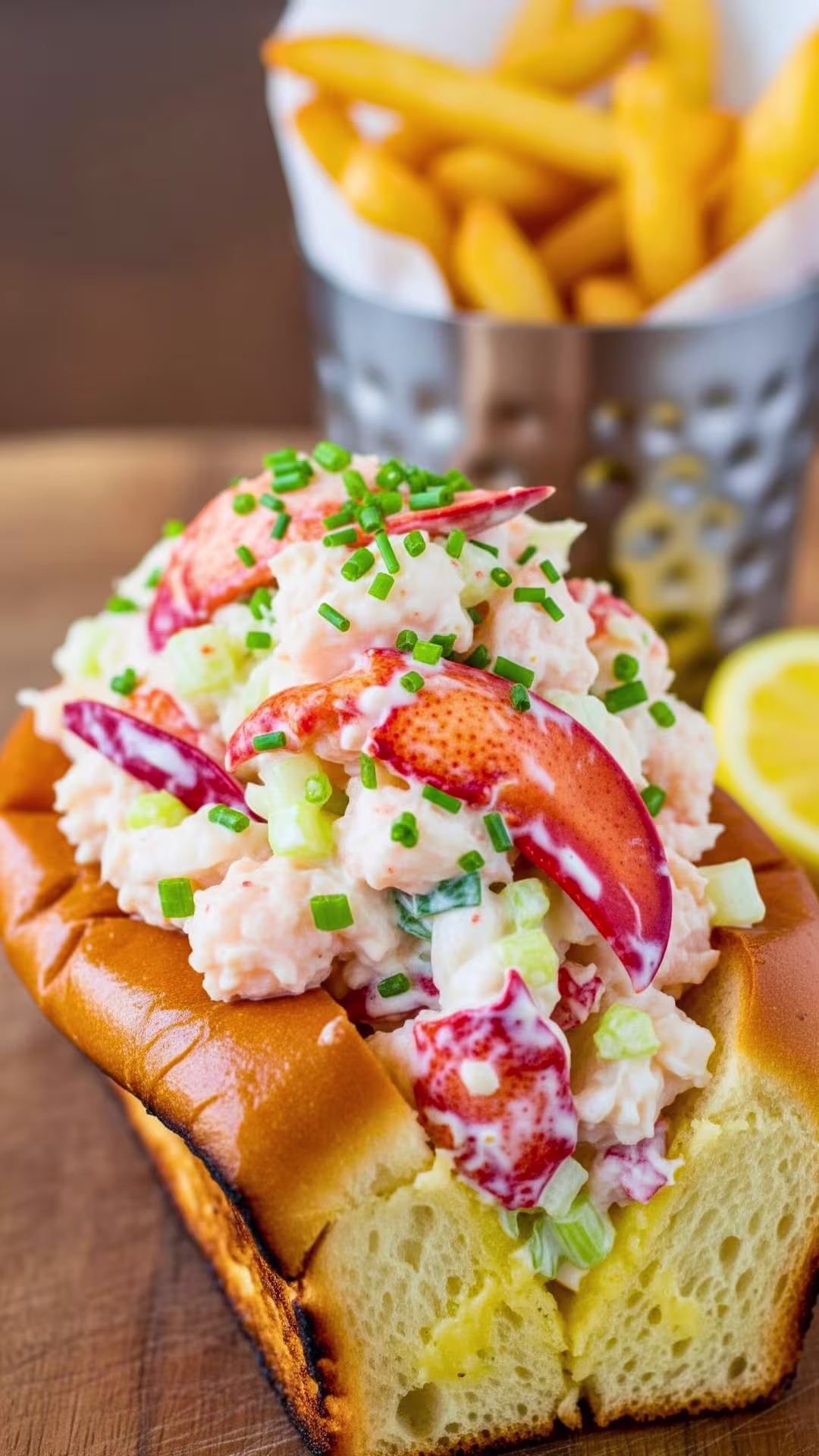 Assembling a lobster roll in a toasted bun