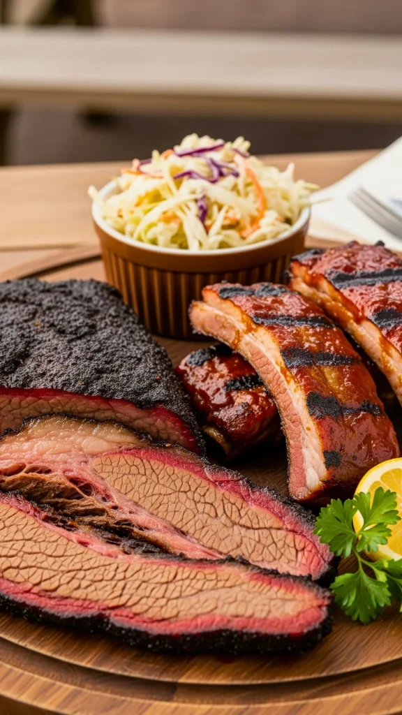 BBQ platter with brisket, ribs and creamy coleslaw