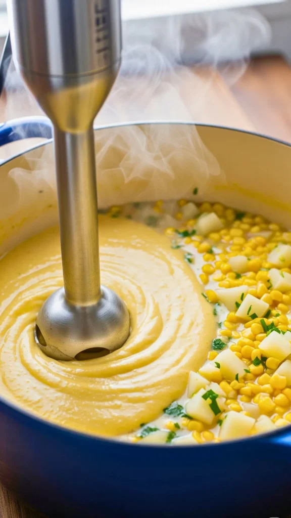 Using an immersion blender to partially puree chowder