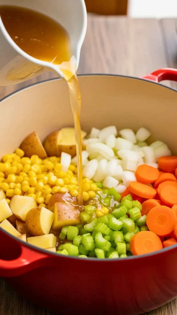 Pouring chicken or vegetable broth into chowder