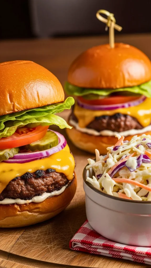 Gourmet burger served with creamy coleslaw