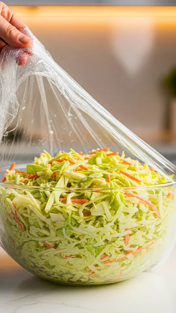 Bowl of creamy coleslaw covered and chilling in the refrigerator
