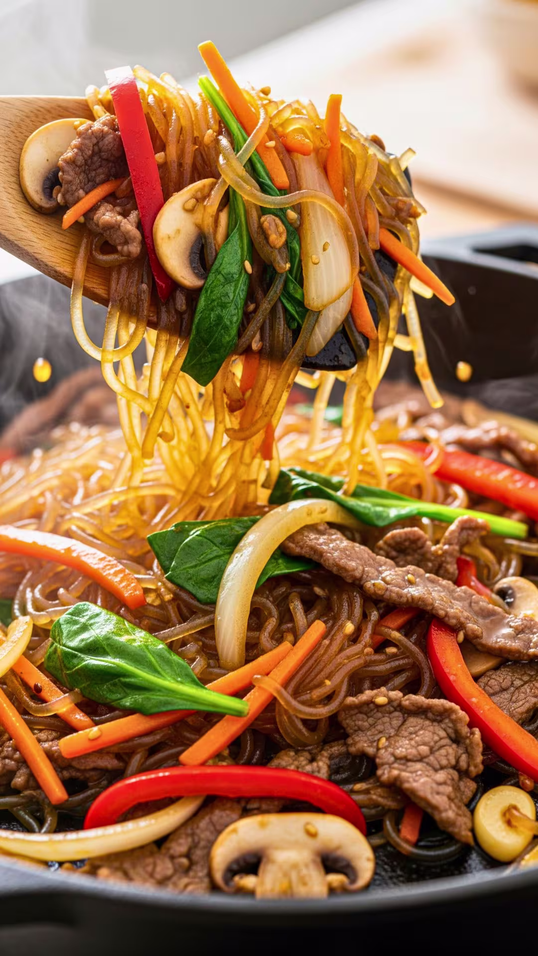 Combine noodles, vegetables and sauce - toss japchae