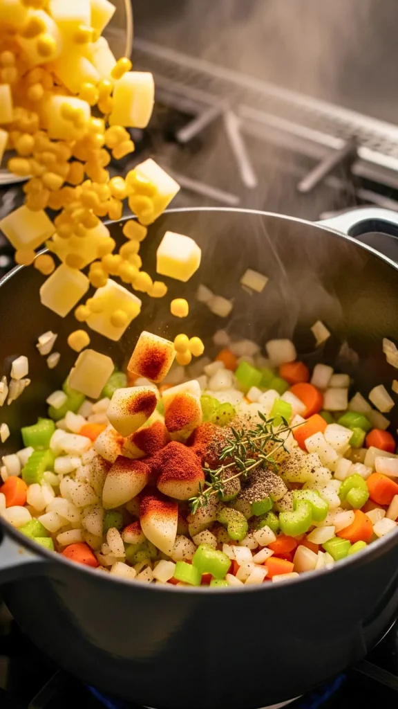 Adding diced potatoes and sweet corn to chowder base