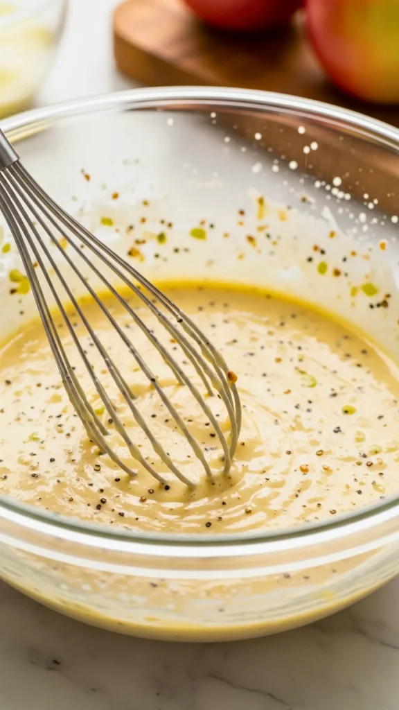 Whisking mayonnaise, apple cider vinegar, sugar and Dijon for coleslaw dressing