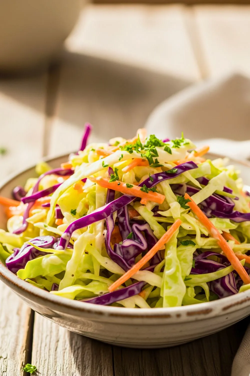 Bowl of creamy coleslaw with bright green and purple cabbage