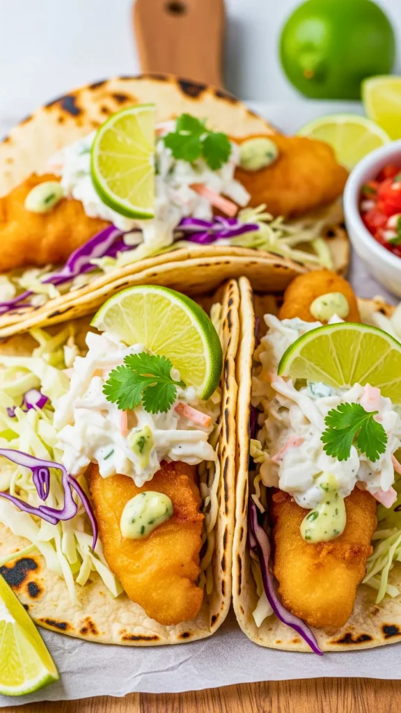 Fish tacos topped with creamy coleslaw and lime