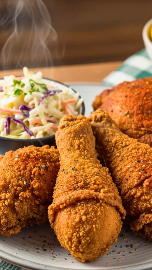 Crispy fried chicken with a side of creamy coleslaw