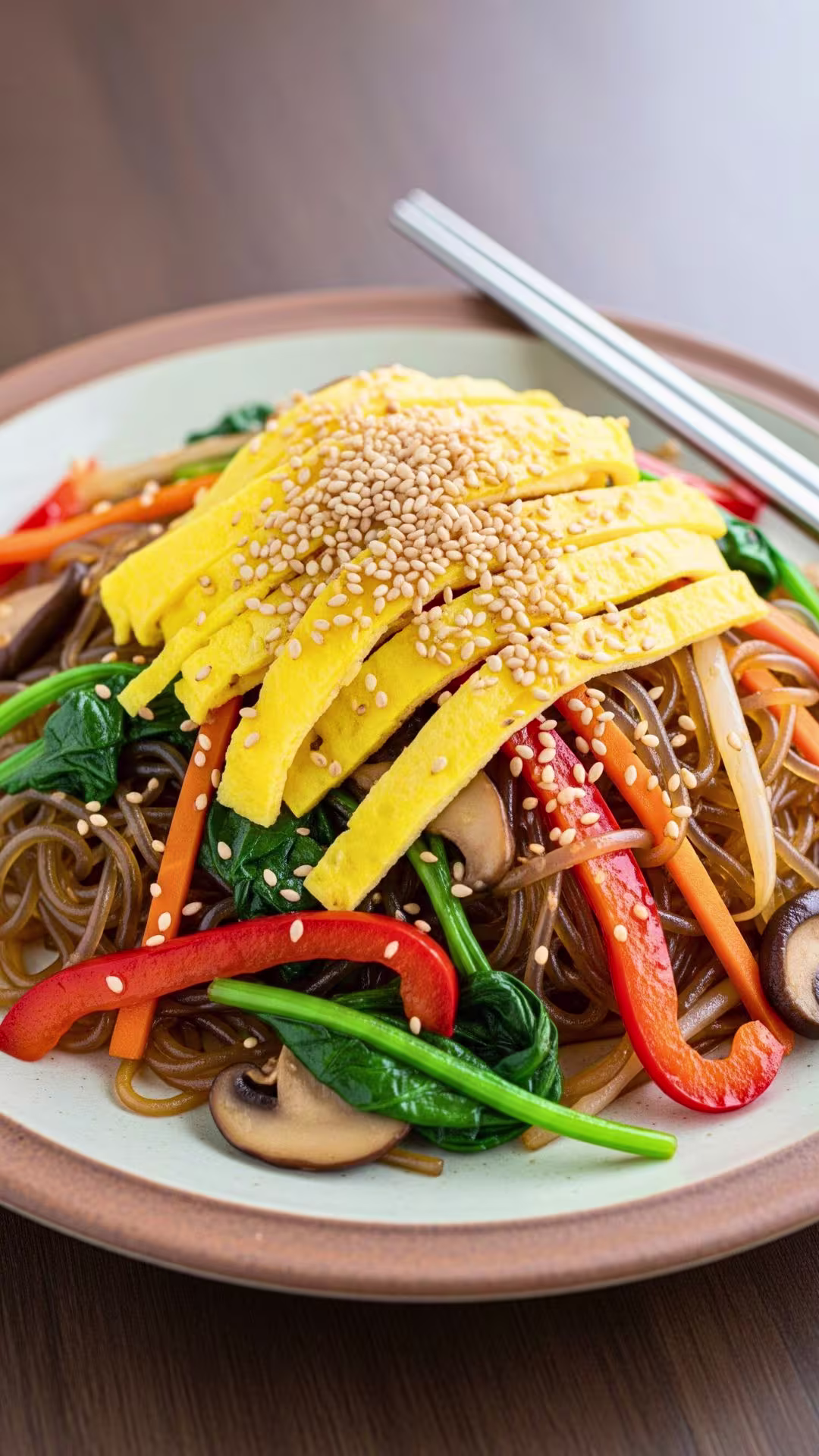 Japchae plated with egg strips and sesame seeds