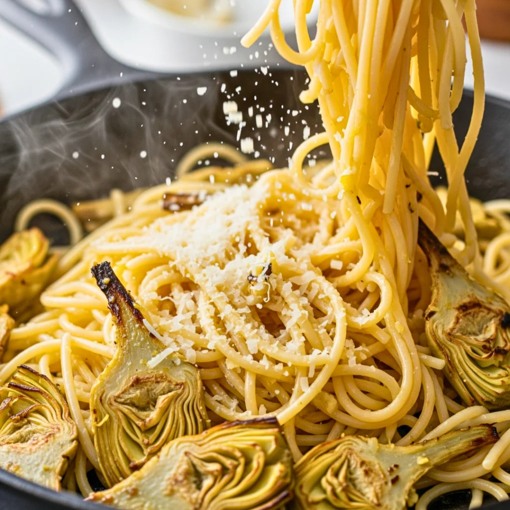 Lemon Spaghetti Tossed with Roasted Artichokes and Parsley