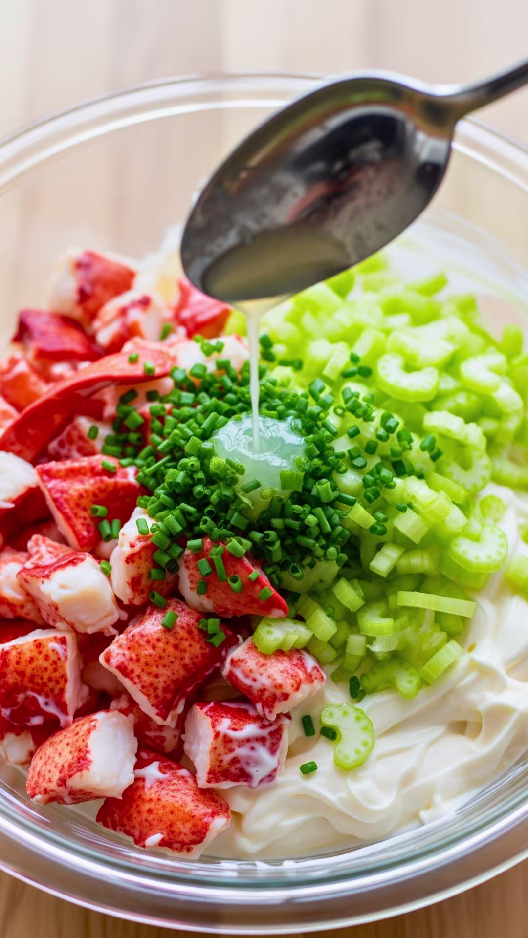 Mixing lobster salad dressing in a bowl
