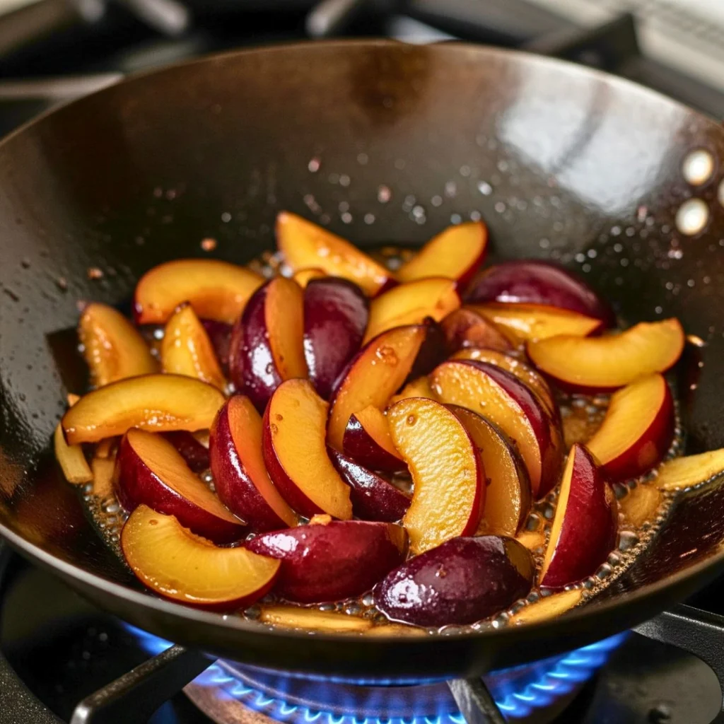 Juicy sliced plums being added to stir-fry