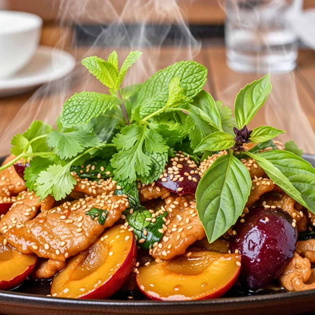 Finished pork and plum stir fry garnished with herbs