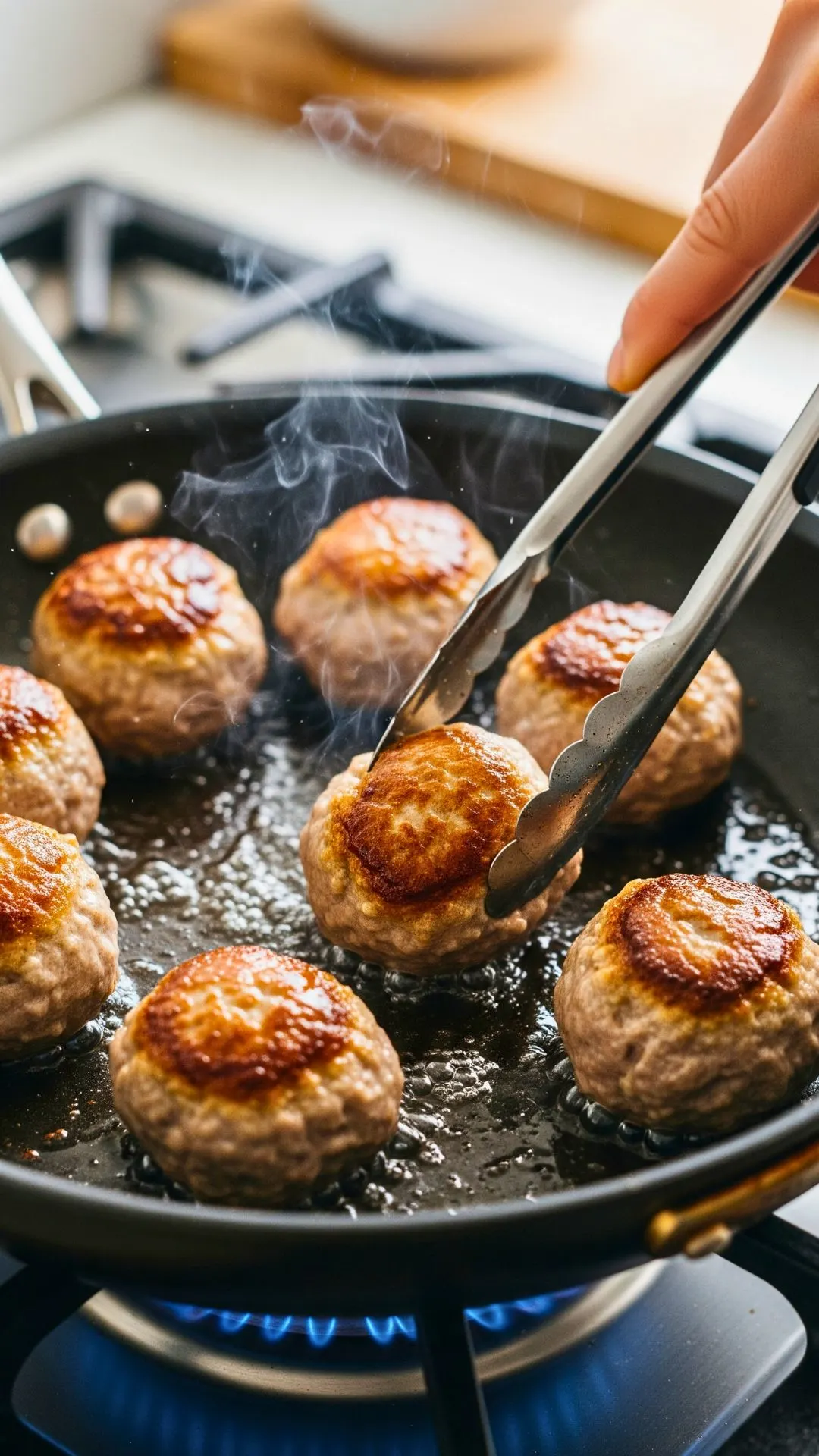 Chicken meatballs cooking in a skillet and on a baking sheet with an air fryer basket nearby.